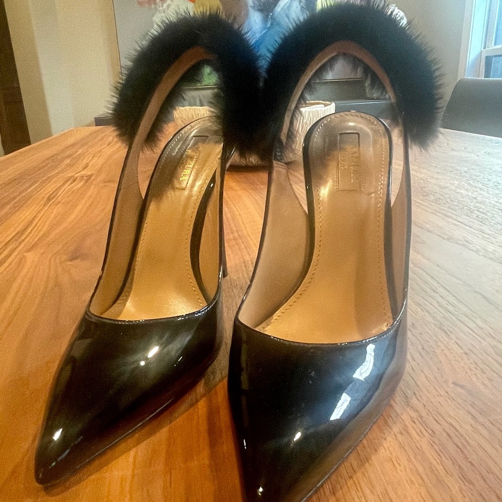 Aquazzura Black Patent Pumps with Fur